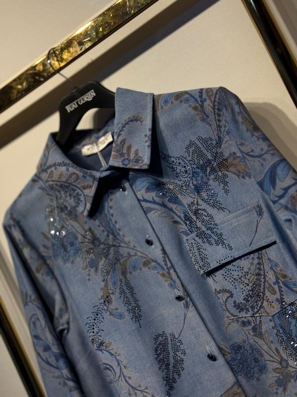 FUAT GÜRSEN Pırlanta İşlemeli Desenli Denim Kumaş Rahat Gömlek