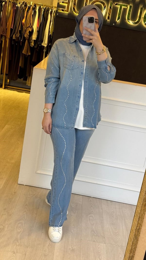 GHİSA Burgu Taş İşleme Denim Pantolon Takım