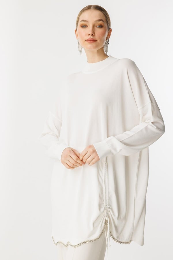 GHİSA ETEK UCU TAŞ DETAYLI TRİKO TUNİK