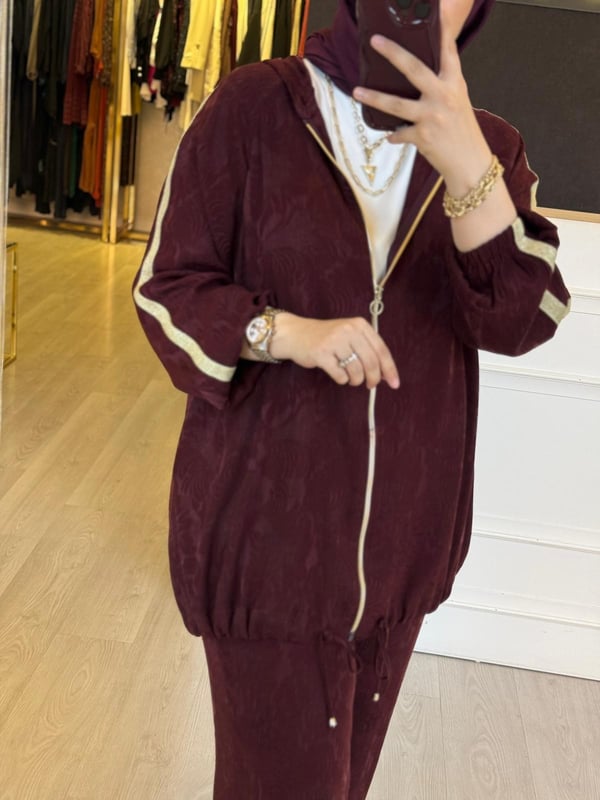 GHİSA Gold Fermuar Şerit Detaylı Desen Kumaş Sweat Pantolon Takım
