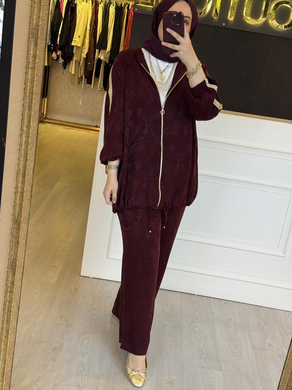 GHİSA Gold Fermuar Şerit Detaylı Desen Kumaş Sweat Pantolon Takım