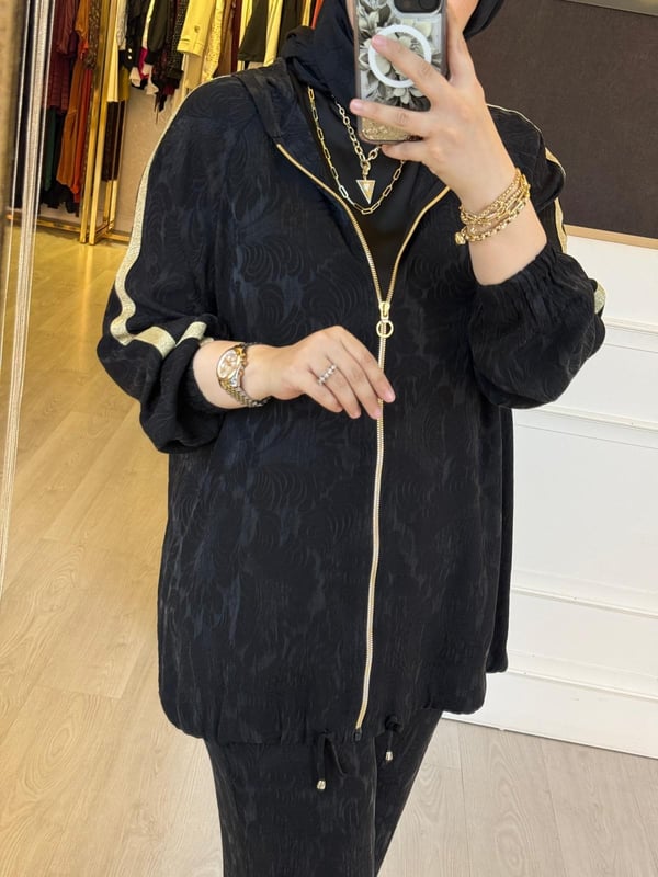 GHİSA Gold Fermuar Şerit Detaylı Desen Kumaş Sweat Pantolon Takım