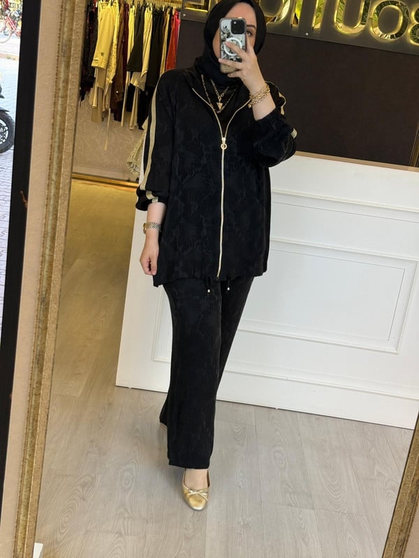 GHİSA Gold Fermuar Şerit Detaylı Desen Kumaş Sweat Pantolon Takım