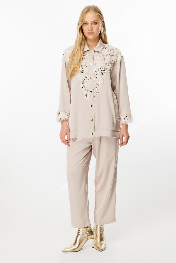GHİSA Kuş Tüyü Payetli Gömlek Pantolon Takım