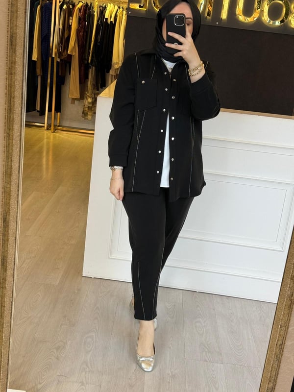 GHİSA Önden Çıtçıtlı Su Yolu Bilye İşlemeli Tunik Pantolon Takım