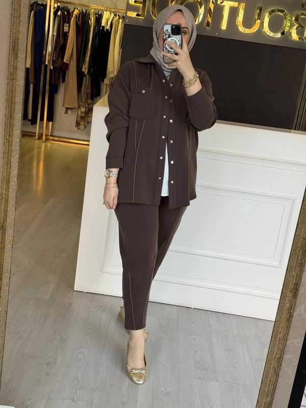 GHİSA Önden Çıtçıtlı Su Yolu Bilye İşlemeli Tunik Pantolon Takım