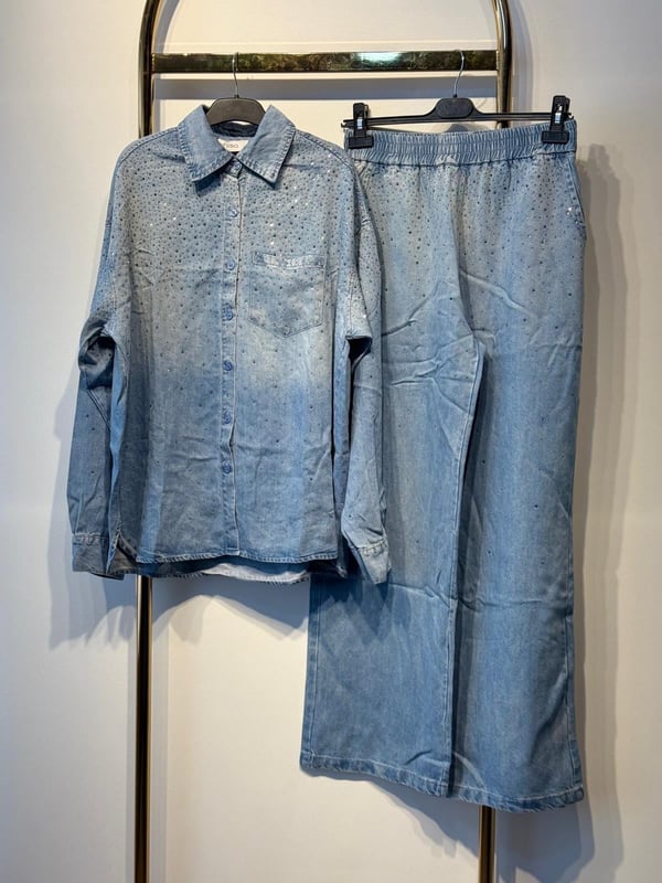 GHİSA Parıltı İşlemeli Denim Gömlek Pantolon Takım