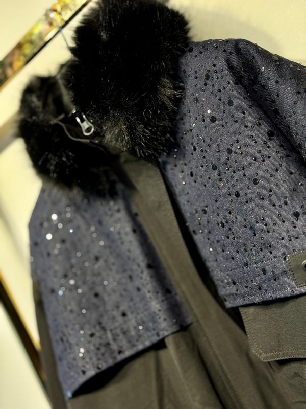 GHİSA Payet İşlemeli Denim Mix Kumaş Kürk Detaylı Kaban