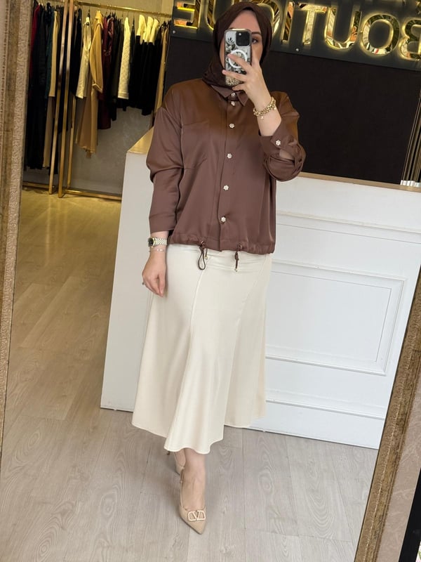 GHİSA Pırlanta Düğme Detaylı Etek Ucu Bağlamalı Saten Gömlek Tip Ceket