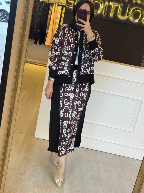 GHİSA Zincir Desen Kumaş Ceket Etek Takım