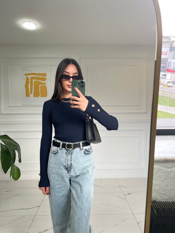 HOT FASHİON Bisiklet Yaka Kol Düğmeli Kazak