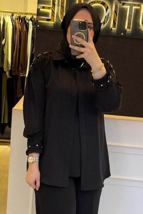 JENNE Taş İşlemeli Nervürlü Rahat Gömlek