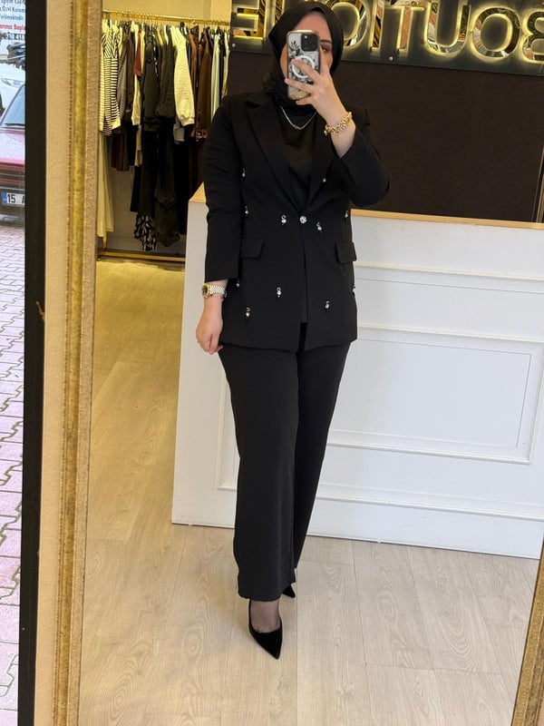 LİSA EXCLUSİVE Lanvin Pırlanta İşleme Detaylı Kruvaze Ceket Pantolon Takım