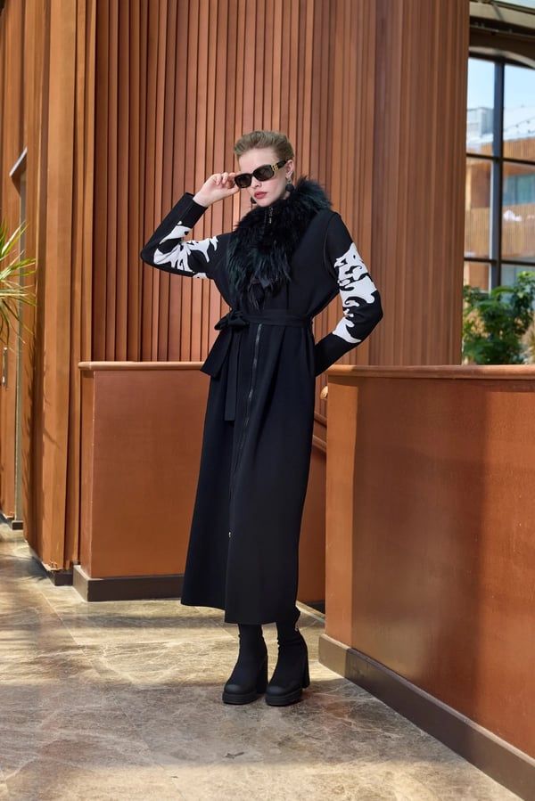 MİSSWHENCE Miss 266 Yün Yaka Detaylı Belden Bağlamalı Önden Fermuarlı Triko Uzun Kap