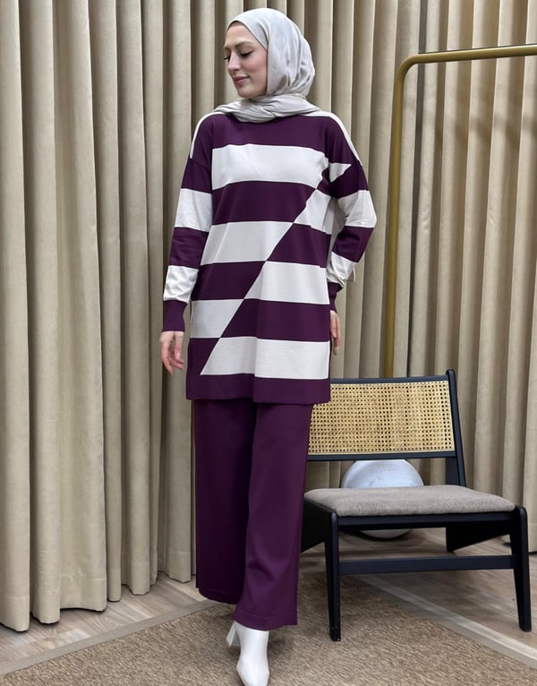NUSS Merserize Enine Çizgili Sweat Pantolon Takım