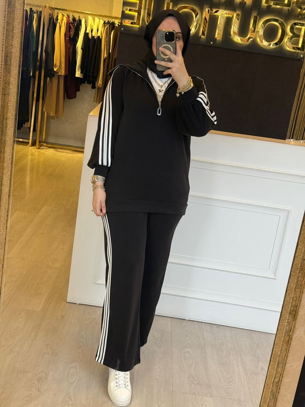 NUSS Şerit Detaylı Yarım Fermuarlı Tunik Pantolon Takım