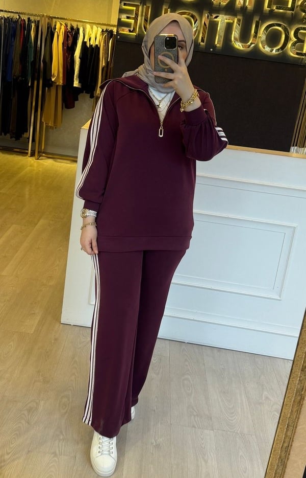 NUSS Şerit Detaylı Yarım Fermuarlı Tunik Pantolon Takım
