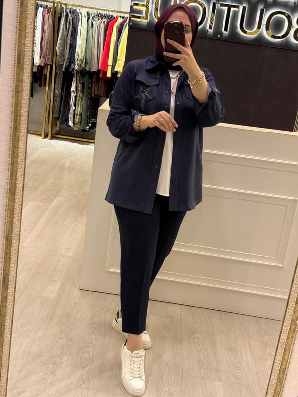 NUSS Yıldız Taş İşlemeli Çıtçıtlı Gömlek Tip Denim Kap
