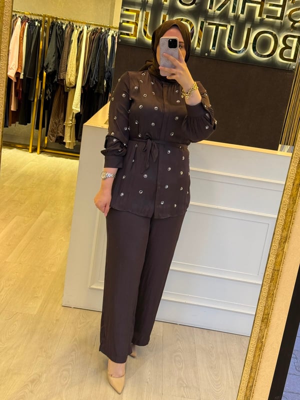 PEARLY Taş Detaylı Saten Gömlek Takım