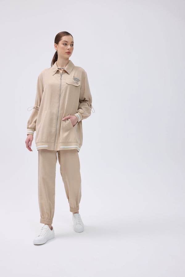 SBL Design 15012 Fermuar Detaylı Göğüs Taş İşlemeli Ceket Pantolon Takım