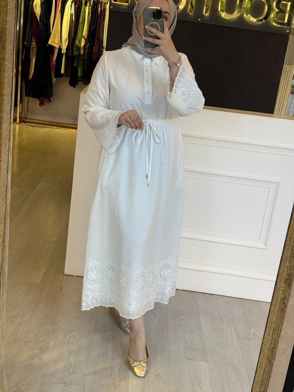 Sİ Design my8 5024 Yaka Top boncuk İşlemeli Kol Nakışlı Uzun Elbise