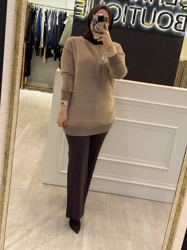 TIĞ TRİKO Kürk Kombinli İşleme Detaylı Triko Tunik