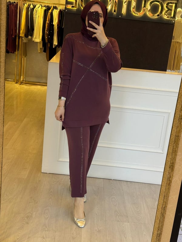 TIĞ TRİKO Nervür ve Sıralı Taş Detaylı Tunik Pantolon Takım