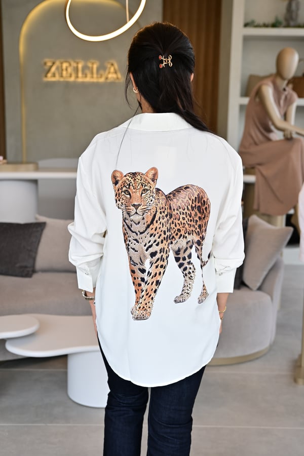 Leopar Desen Baskılı Taşlı Gömlek