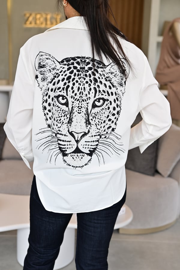 Leopar Desen Baskılı Taşlı Gömlek