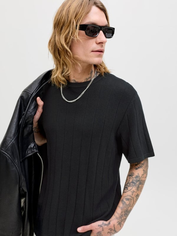 Jack&Jones JJEBRADLEY KNIT TEE SS LN Siyah Erkek T-Shirt