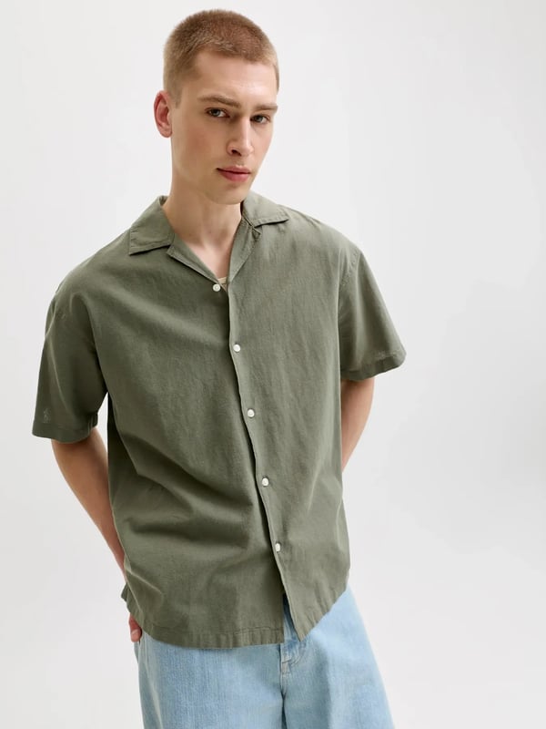 Jack&Jones JJEBREEZE LINEN BLEND RESORT SHIRT SS SN Haki Erkek Gömlek
