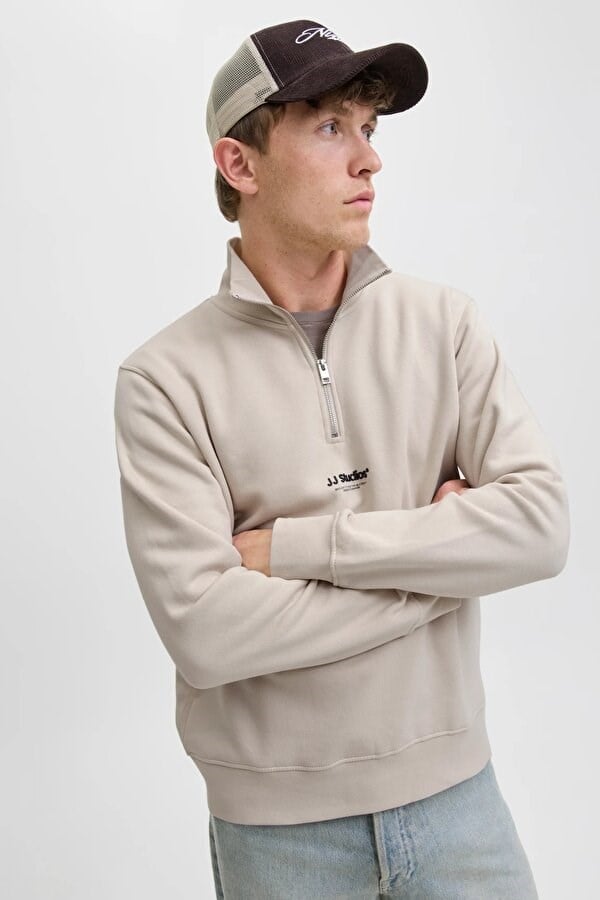 Jack&Jones JJESOHO SWEAT QUARTER ZIP HN NOOS Bej Erkek Sweatshirt
