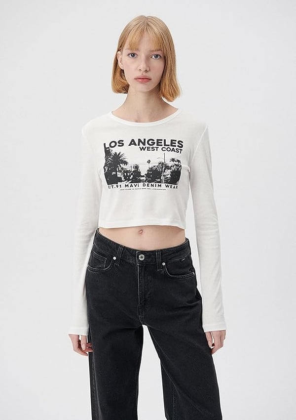 Mavi BASKiLi CROP PENYE Kirik Beyaz Beyaz Kadın T-Shirt