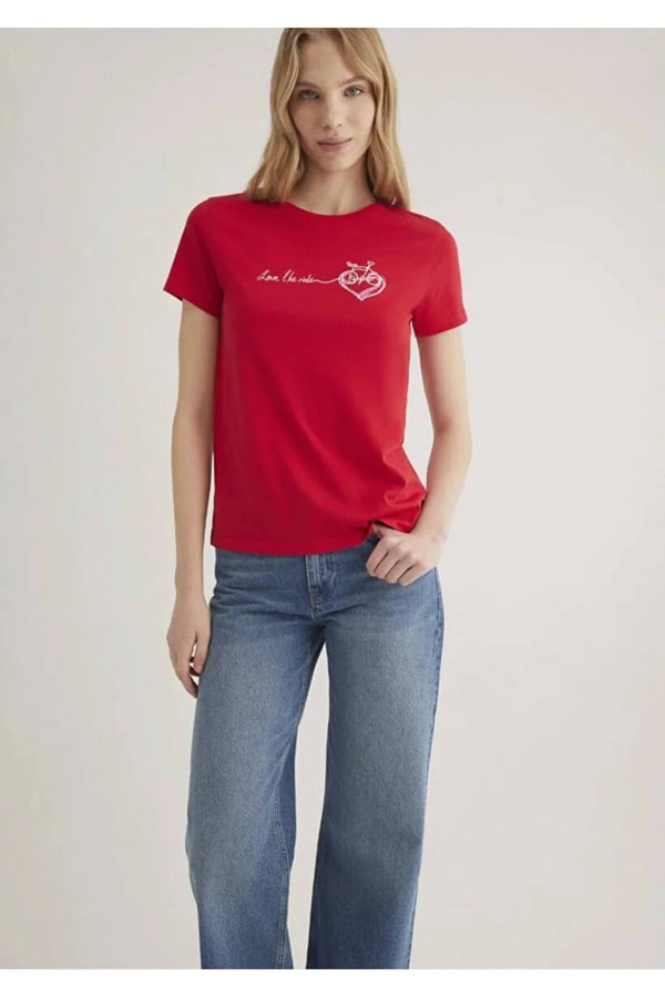 Mavi BiSiKLET BASKiLi GRAFiK TİŞÖRT Aci Kirmi Kırmızı Kadın T-Shirt