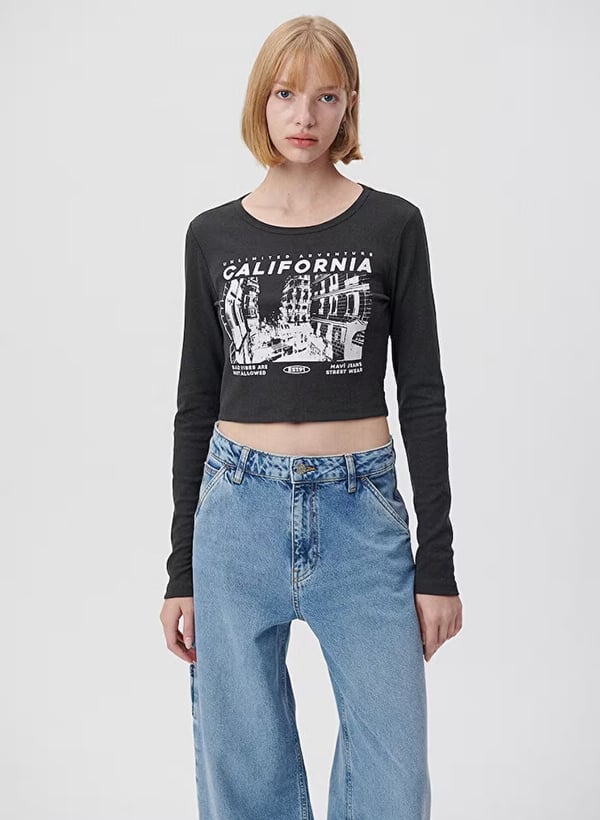 Mavi CALiFORNiA BASKiLi UZUN KOLLU TİŞÖRT Kom Antrasit Kadın T-Shirt