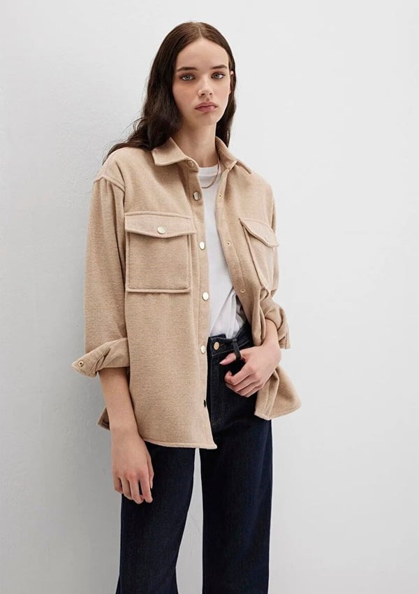 Mavi DOKUMA OVERSHiRT Yulaf Melanj Bej Kadın Gömlek