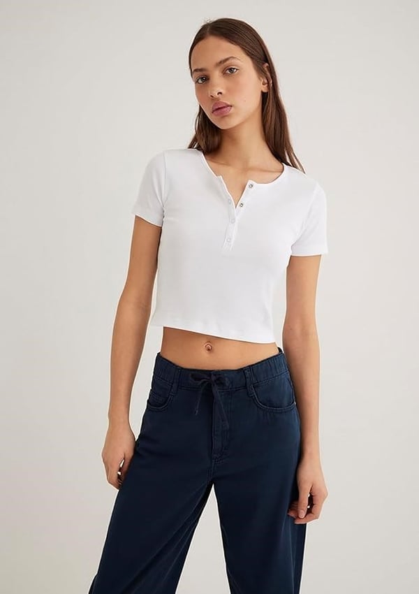 Mavi DUÄžME DETAYLi CROP Beyaz Beyaz Kadın T-Shirt