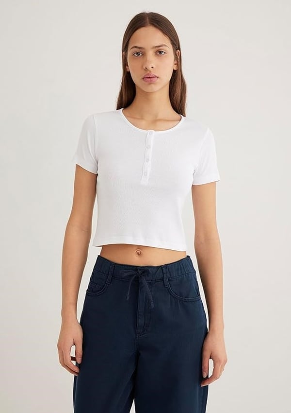 Mavi DUÄžME DETAYLi CROP Beyaz Beyaz Kadın T-Shirt