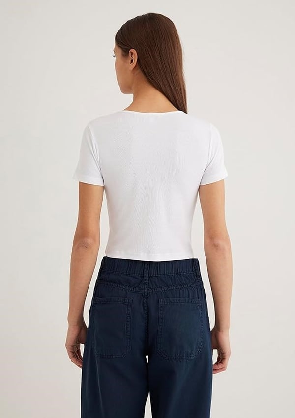 Mavi DUÄžME DETAYLi CROP Beyaz Beyaz Kadın T-Shirt