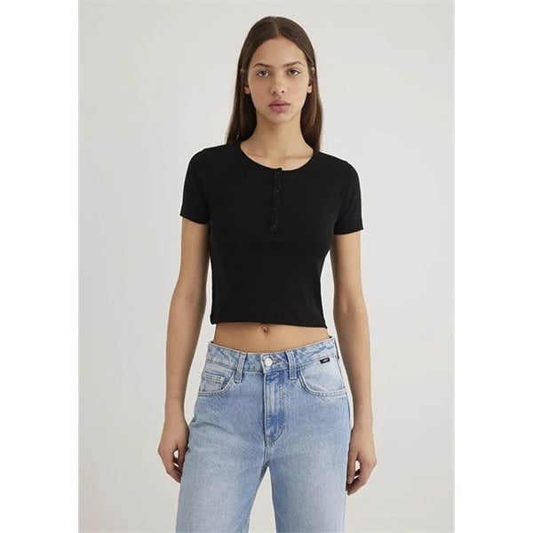 Mavi DUÄžME DETAYLi CROP Siyah Siyah Kadın T-Shirt