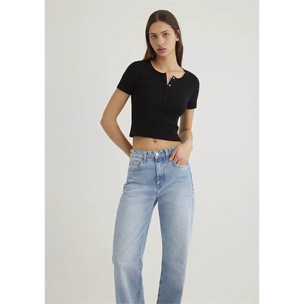 Mavi DUÄžME DETAYLi CROP Siyah Siyah Kadın T-Shirt