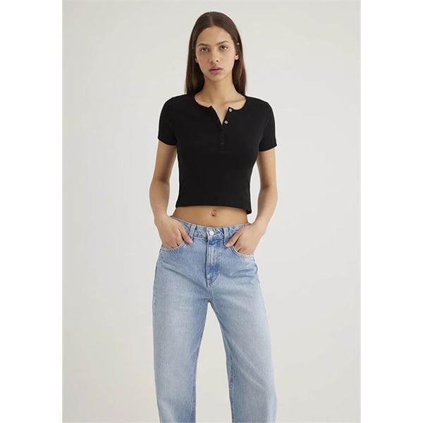 Mavi DUÄžME DETAYLi CROP Siyah Siyah Kadın T-Shirt