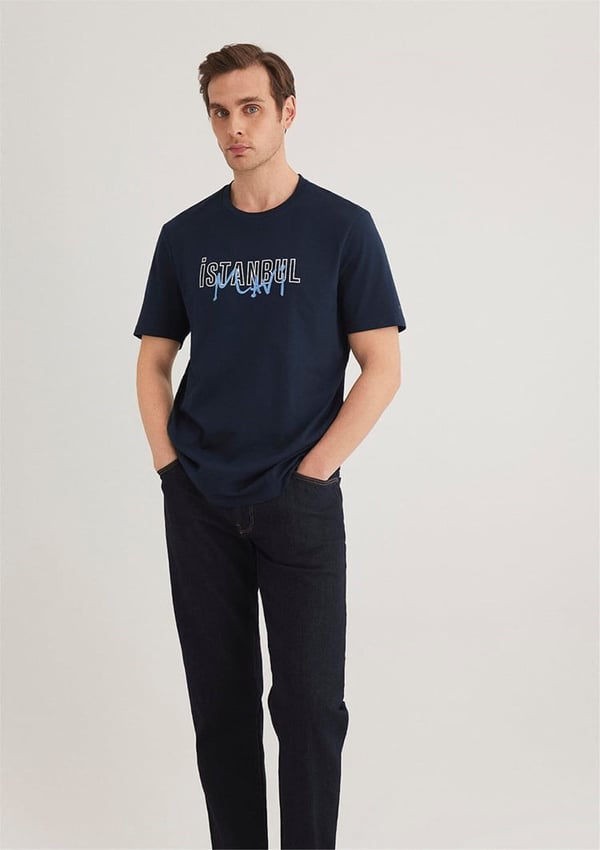 Mavi İSTANBUL BASKILI TİŞÖRT Gece Lacivert Lacivert Erkek T-Shirt