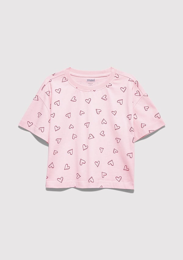 Mavi KALP BASKILI TİŞÖRT Tatlı Pembe Pembe Kız Çocuk T-Shirt