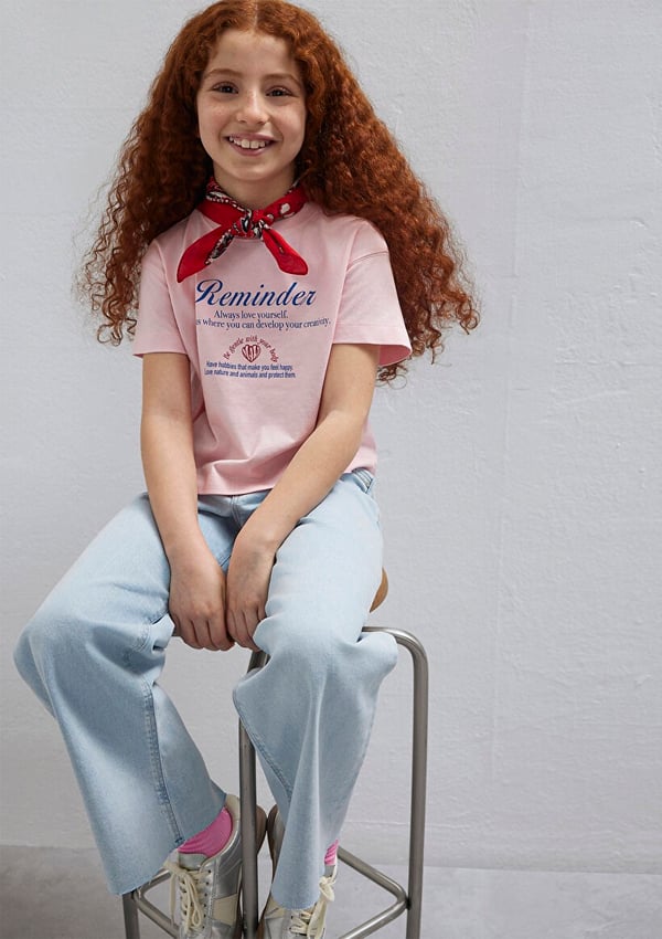 Mavi KALP BASKILI TİŞÖRT  Tatlı Pembe Pembe Kız Çocuk T-Shirt