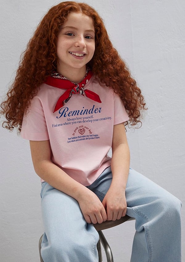 Mavi KALP BASKILI TİŞÖRT  Tatlı Pembe Pembe Kız Çocuk T-Shirt
