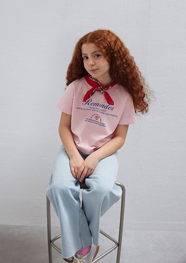 Mavi KALP BASKILI TİŞÖRT  Tatlı Pembe Pembe Kız Çocuk T-Shirt