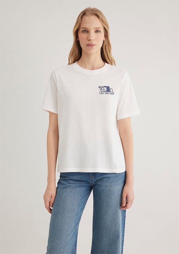 Mavi KEDi BASKiLi GRAFiK TİŞÖRT Kirik Beyaz Beyaz Kadın T-Shirt