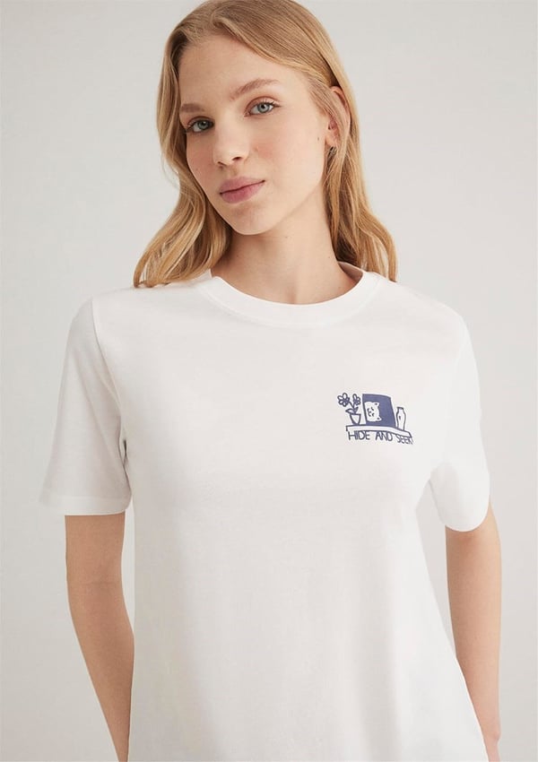 Mavi KEDi BASKiLi GRAFiK TİŞÖRT Kirik Beyaz Beyaz Kadın T-Shirt