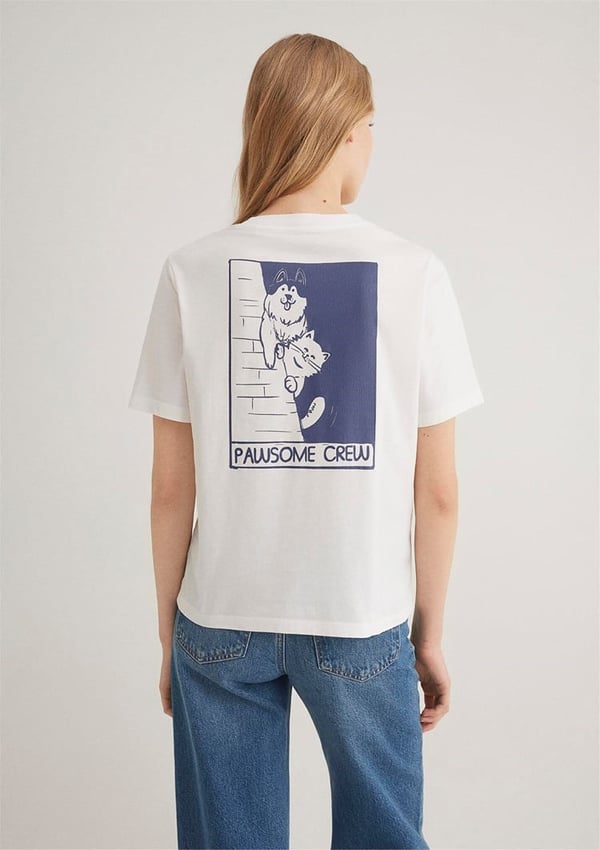 Mavi KEDi BASKiLi GRAFiK TİŞÖRT Kirik Beyaz Beyaz Kadın T-Shirt